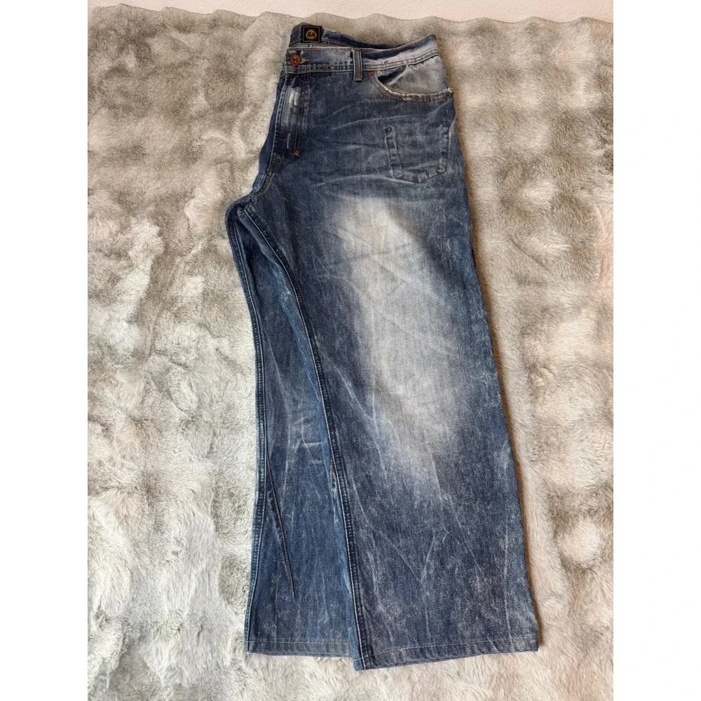 AKOO Mens Distressed Blue Wash Straight Leg Jeans Size 44 American Flag-0590